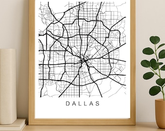 Impression de carte de la ville de Dallas, affiche imprimable de la ville, art de la carte en téléchargement numérique, plan de rue minimaliste, art mural moderne, cadeau carte de la ville