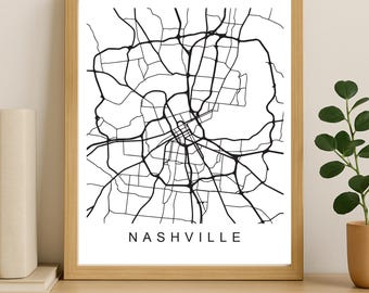 Nashville stadskaart afdrukken, afdrukbare stadsposter, digitale download kaartkunst, minimalistische stratenplan, moderne muurkunst, stadskaart cadeau