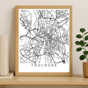 Impression de carte de la ville de Toulouse, affiche de la ville imprimable, art de la carte en téléchargement numérique, plan de rue minimaliste, art mural moderne, cadeau carte de la ville