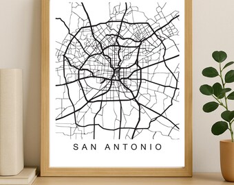 Impression de carte de la ville de San Antonio, affiche de la ville imprimable, art de la carte en téléchargement numérique, plan de rue minimaliste, art mural moderne, cadeau carte de la ville