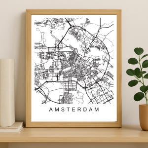 Impression de carte de la ville d'Amsterdam, affiche de la ville imprimable, art de la carte en téléchargement numérique, plan de rue minimaliste, art mural moderne, cadeau carte de la ville