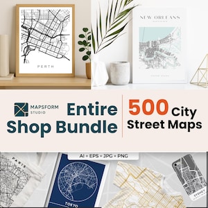 Gesamtes Shop Bundle - 500 Digitale Straßenkarten | Rund, Herz, Quadrat & Linienstile | Stadt Poster zum Ausdrucken | City Map Geschenk