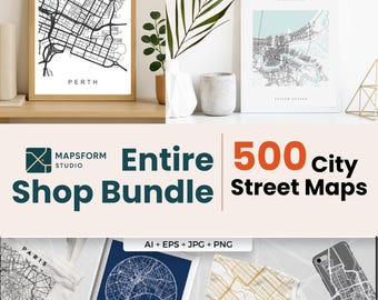 Entire Shop Bundle – 500 Digital City Street Maps | Round, Heart, Square & Line Styles | Printable City Poster | City Map Gift