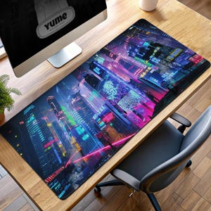 Cyberpunk Cityscape Gaming Mouse Pad, Futuristic Neon Desk Mat, Sci-Fi Gift for Gamers and Tech Enthusiasts