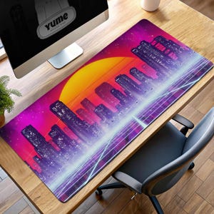 Retro Cyberpunk Gaming Mouse Pad, Neon Cityscape Desk Mat, Vaporwave Aesthetic Mousepad, Futuristic Tech Gift for Gamers