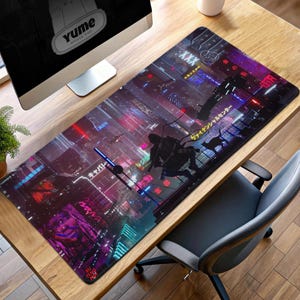Cyberpunk City Mouse Pad – Neon Skyline with Hacker & Robot Companion, Futuristic Desk Mat, Tech Noir Decor, Gamer Gift