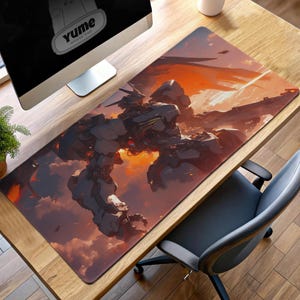 Sunset Mecha Battle Gaming Desk Mat, Gundam-Inspired Mouse Pad, Sci-Fi Anime Gift, Epic Mecha Design Desk Decor for Gamers