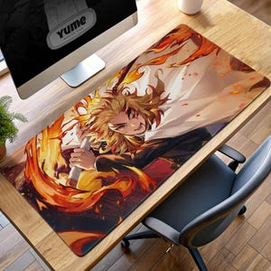 Rengoku Gaming Mouse Pad, Demon Slayer Desk Mat, Flame Hashira Anime Playmat, Large Kyojuro Rengoku Desk Pad, Gift for Anime Fans