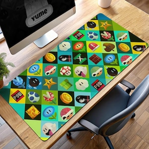 Super Mario Mouse Pad - Colorful Power-Up Icon Pattern Desk Mat, Mushroom Kingdom Gaming Decor, Retro Mario Gift