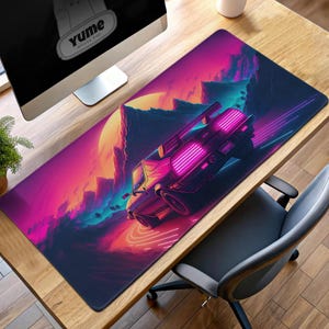 Retro Car Gaming Mouse Pad, Neon Sunset Desk Mat, Vaporwave Aesthetic Mousepad, Cool Cyberpunk Gift for Gamers
