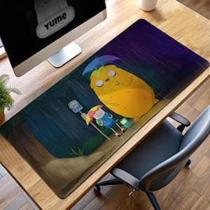 Adventure Time Rainy Scene Mouse Pad – Finn, Jake, BMO Parody, Totoro Inspired Art, Anime Desk Mat, Land of Ooo Gift, Cartoon Decor