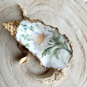 Könnte beinhalten: Dekorative Austernschale mit goldfarbenem Rand. Das Innere zeigt ein Blumenmuster mit einer großen weißen Gänseblümchen und grünen Blättern. Die Schale liegt auf einem Stück Treibholz.