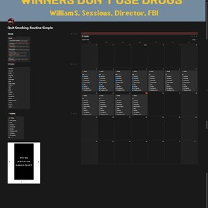 May include: A digital interface with the text "WINNERS DON'T USE DRUGS" and "William S. Sessions, Director, FBI." The interface includes a calendar, a list of habits, and the words "FOCUS, DISCIPLINE, CONSISTENCY."