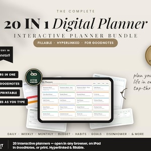 Könnte beinhalten: Ein digitales Planer-Paket mit 20 interaktiven Planern in einer Datei. Die Grafik zeigt den Text 20 IN 1 Digital Planner, INTERACTIVE PLANNER BUNDLE, Fillable, Hyperlinked, For Goodnotes sowie einen Tablet-Bildschirm mit einem Menü aus 20 Planer-Optionen.