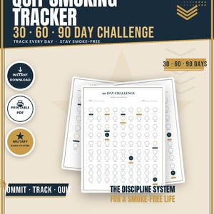 May include: A Quit Smoking Tracker 30-60-90 Day Challenge printable PDF document. The design features a dark blue and gold color scheme with a military rank system theme. It includes circular checkboxes for daily tracking and text labels.