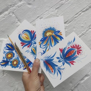 Cartões em branco ucranianos pintados à mão – Arte popular de Petrykivka – Cartões de felicitações ou convites de casamento exclusivos – Conjunto de 4 – Apoie a Ucrânia