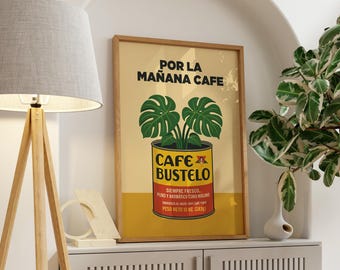 Plakat ścienny z kawą w stylu vintage Cafe Bustelo, plakat z kawą w stylu retro, hiszpański wystrój domu, latynoska sztuka kawy, sztuka Debi Tirar Mas Fotos