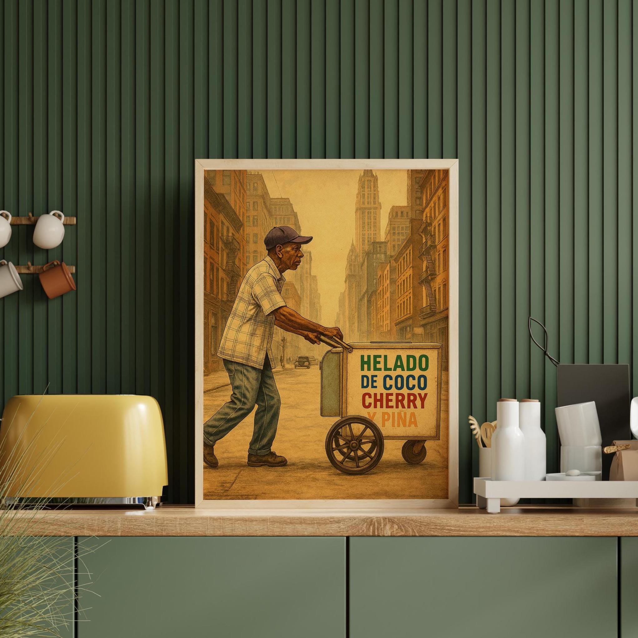 Vintage New York City Helado Marinos Ice Cart DIGITAL ART PRINT Poster, Nostalgic Nueva York 90s Wall Art, Retro New York City Poster