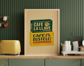 Vintage Cafe Bustelo & Cafe La Llave Espresso DIGITAL ART PRINT, Spanish Cafe Art, Latin Coffee Poster, Coffee Lover Art, Hispanic Espresso