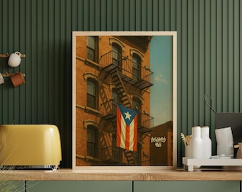 Vintage New York Puerto Rico CYFROWY DRUK ARTYSTYCZNY, Flaga Portorykańska, „Seguimos Aqui” Sztuka ścienna, Plakat Nuevayol, Bad Bunny