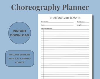 ダンス教師と振付師のための振り付けプランナー、ダンスルーティンの印刷可能なメモ、振り付けページ、カスタマイズ可能なカウント