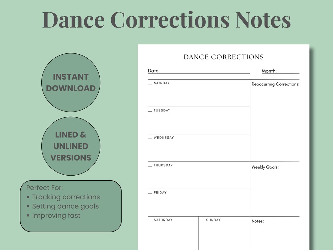 Dance Corrections Tracker Printable, Weekly/daily Planner for Dancers ...