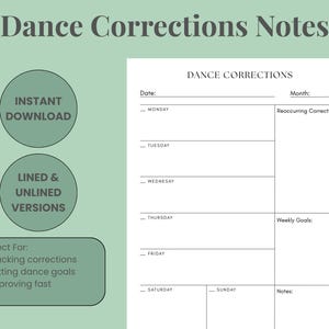 Puede incluir: Una hoja imprimible de notas de correcciones de baile con el título "Dance Corrections Notes" en la parte superior. La hoja incluye secciones para la fecha, correcciones recurrentes, objetivos semanales y notas. El diseño incluye el texto "Descarga instantánea" y "Versiones con y sin líneas".
