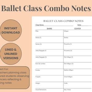 以下が含まれることがあります： 「Ballet Class Combo Notes」と題されたバレエクラスコンボノート。バーとセンターのエクササイズセクションがあり、クラス名と日付のスペースがあります。「インスタントダウンロード」と「罫線あり＆罫線なしバージョン」のテキストが含まれています。