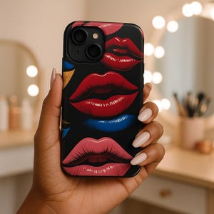 Lèvres audacieuses Coque iPhone | Impression baiser rose rouge sur fond noir, coque avant-gardiste chic, méchant pop art, impertinent pour téléphones iPhone et Samsung