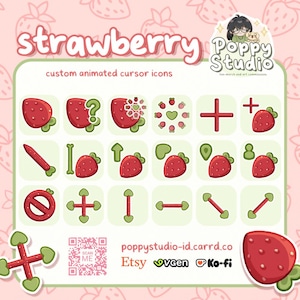 May include: A digital sheet of custom animated strawberry-themed cursor icons featuring various red and green designs, including arrows, pointers, and symbols. The text reads strawberry, Poppy Studio, and includes a QR code and website links.