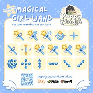 Könnte beinhalten: Eine digitale Anzeige von Magical Girl Wand benutzerdefinierten animierten Cursor-Symbolen in Saphirblau. Das Set enthält verschiedene Zauberstäbe mit Sternen, Flügeln und Edelsteinen sowie einen QR-Code und den Text Poppy Studio und Etsy.