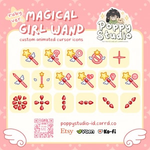 Puede incluir: Una hoja de visualización digital titulada Magical Girl Wand ruby ver. con iconos de cursor animados personalizados. El conjunto incluye varias varitas con estrellas amarillas, alas blancas y detalles rojos, junto con cursores en forma de gema roja y un código QR para Poppy Studio.