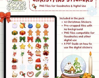 Merry Christmas Digital Stickers for Goodnotes | Hand Drawn | Precropped PNG | Cute Kawaii Stickers