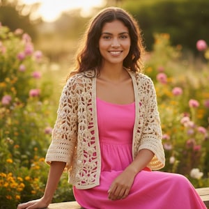 以下が含まれることがあります： クリーム色の、オープンフロントのクロシェ編みカーディガン。七分袖。ピンクのドレスの上に着用。背景には花と柔らかな日差しのある庭が写っています。