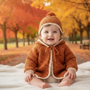 Puede incluir: Un bebé sonriente con un gorro y chaqueta marrón de ganchillo con ribete crema. El bebé está sentado sobre una manta blanca, con un fondo borroso de árboles otoñales.