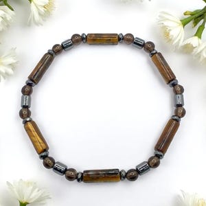 Tiger Eye Smoky Quartz Hematite Bracelet – Natural Stone Beaded Bracelet for Men & Women – Jewelry Gift