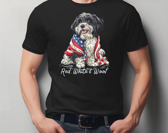 Maglietta con cane Havanese che tiene la bandiera americana / Maglietta patriottica per cani
