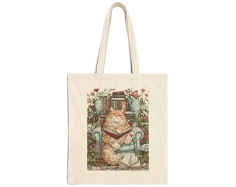 Borsa tote con gatto che legge / Illustrazione di un simpatico gatto amante dei libri / Stampata su entrambi i lati