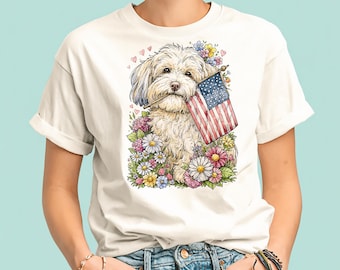Maglietta con cane Havanese che tiene la bandiera americana / Maglietta patriottica per cani