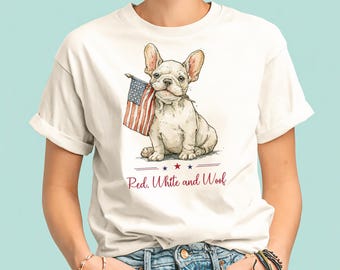 Maglietta con bulldog francese che tiene in mano la bandiera americana / Maglietta patriottica con bulldog francese
