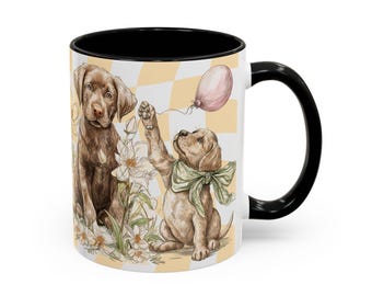 Tazza da caffè con cuccioli di Labrador marroni / Tazza con motivo floreale a scacchi / Personalizzazione opzionale