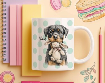 Tazza con cucciolo di Rottweiler che tiene in braccio un coniglietto / Tazza da caffè decorativa