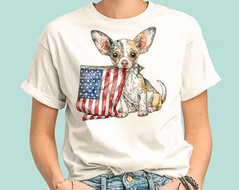 Maglietta con Chihuahua che tiene in mano la bandiera americana / Maglietta patriottica per cani