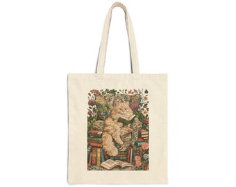 Borsa tote con gatto che legge / Illustrazione di un simpatico gatto amante dei libri / Stampata su entrambi i lati