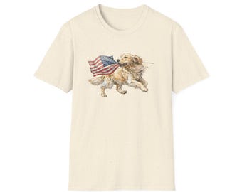 T-shirt unisex Softstyle con stampa di un Golden Retriever in corsa, maglietta patriottica per amanti dei cani, maglietta con grafica della bandiera americana, maglietta per amanti degli animali, top estivo