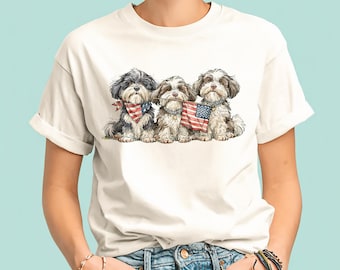 Maglietta con 3 cani Havanese e bandiere americane / Per gli amanti dei cani patriottici
