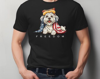 Copia della maglietta con il Border Collie che tiene la bandiera americana / Maglietta patriottica per cani