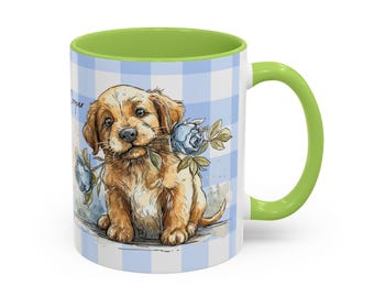 Tazza con illustrazione di un cucciolo di Golden Retriever a quadretti blu / Tazza da caffè decorativa / Opzione di personalizzazione