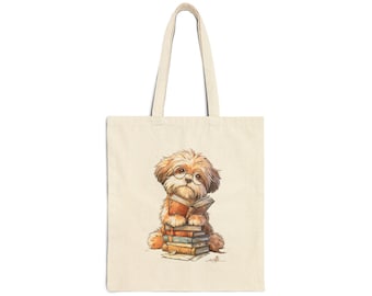 Borsa tote con cucciolo con occhiali che legge un libro / Tela con simpatico cane che legge