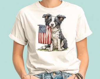 Maglietta con Border Collie che tiene in mano la bandiera americana / Maglietta patriottica per cani